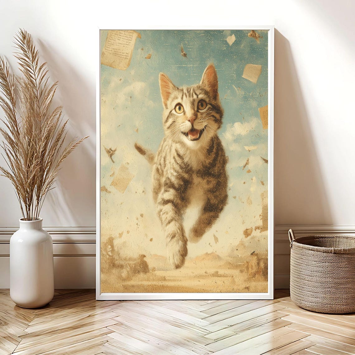 Joyful Tabby Kitten Leaping Through Dreamy Sky Surreal Art Poster - Image 3