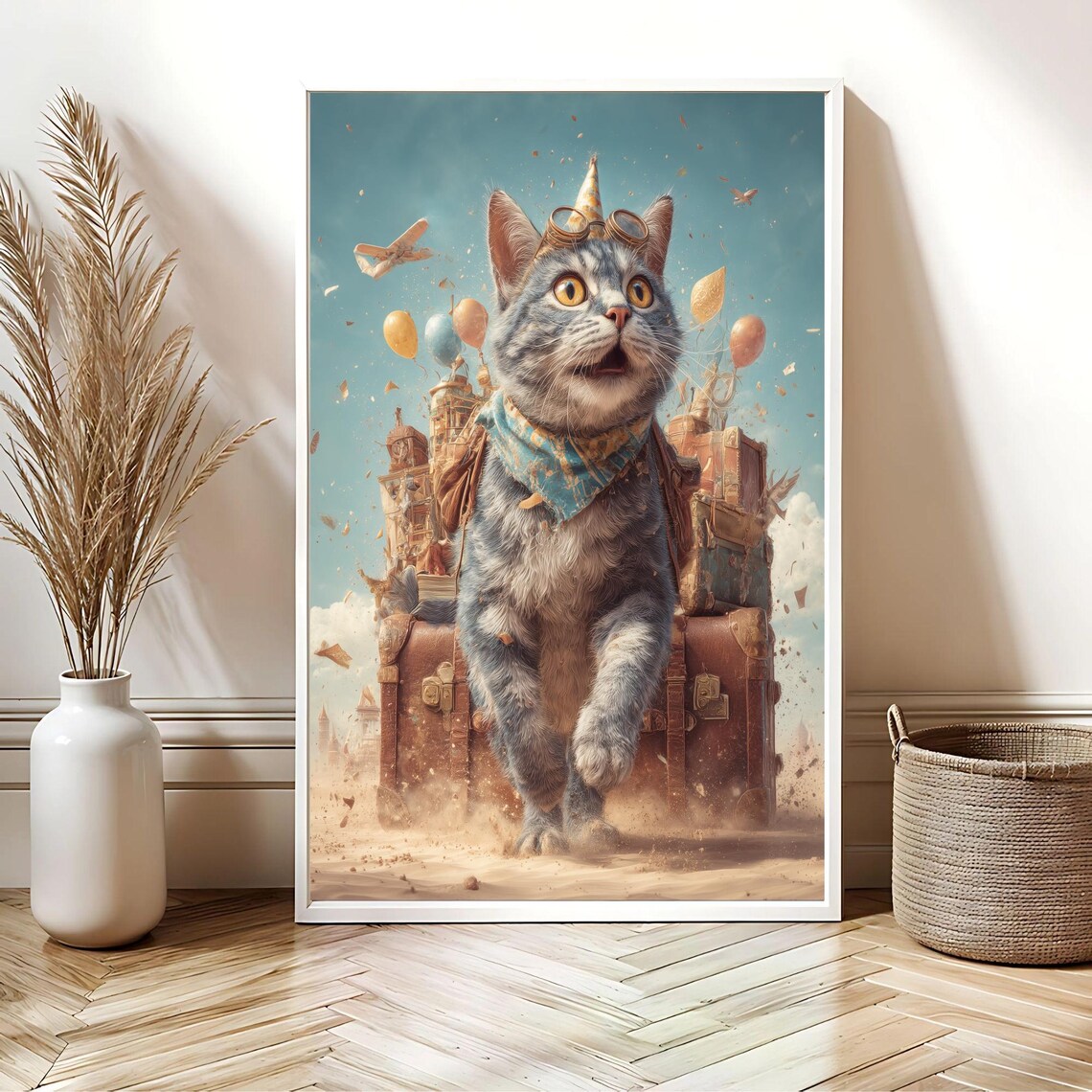 Whimsical Travel Cat Aviator Goggles Party Balloons Adventure Poster