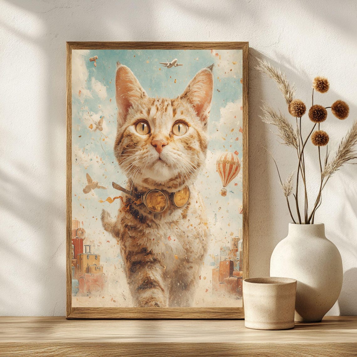 Adventurous Explorer Cat With Goggles Hot Air Balloon Poster