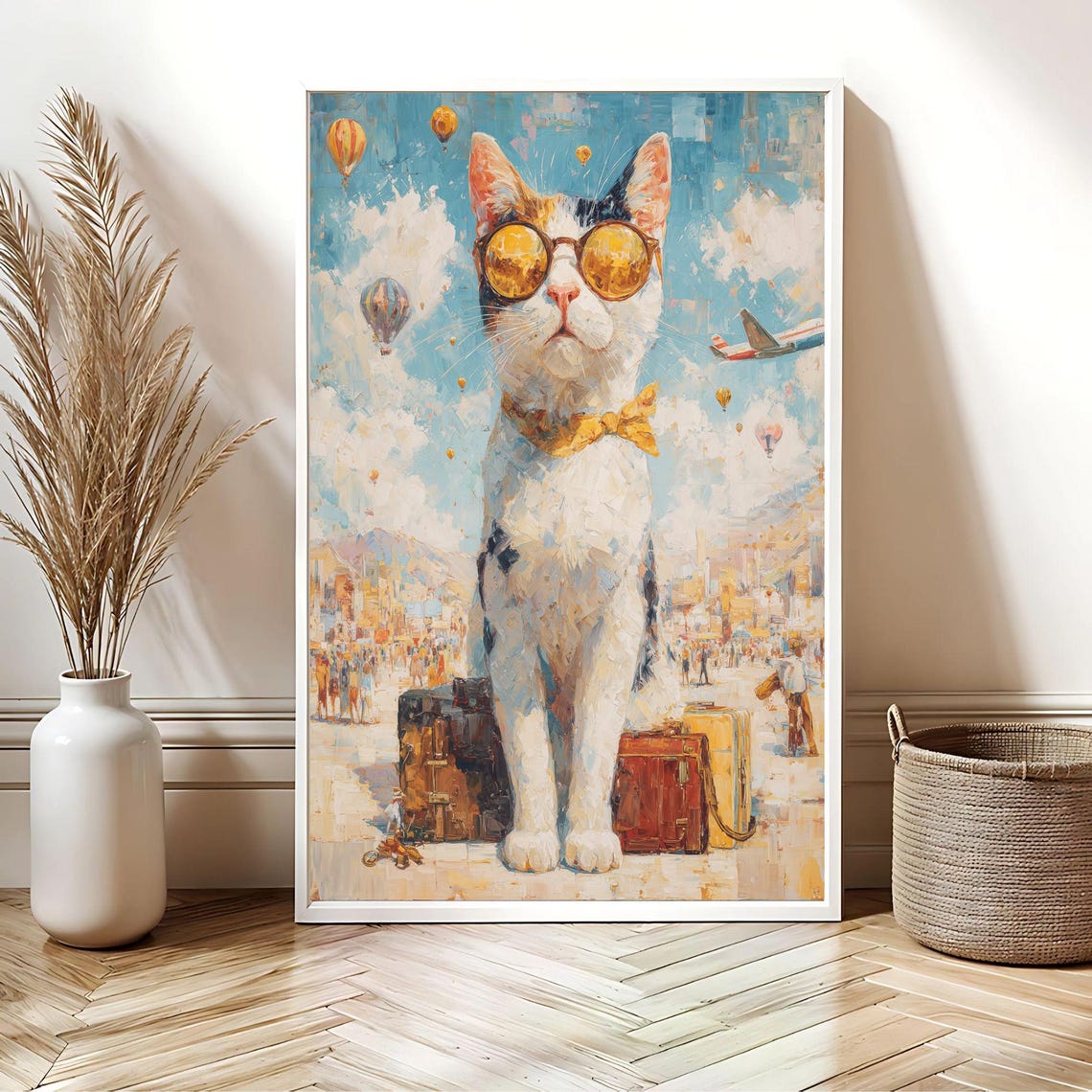 Dapper Cat in Sunglasses Bow Tie Hot Air Balloon Travel Poster