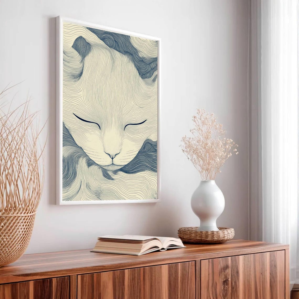 Calm Sleeping Cat Face Japanese Minimalist Blue Line Art Poster - Image 2