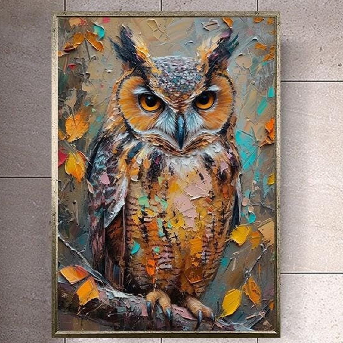 Impasto Owl Among Autumn Leaves Textured Oil Painting Bird Poster