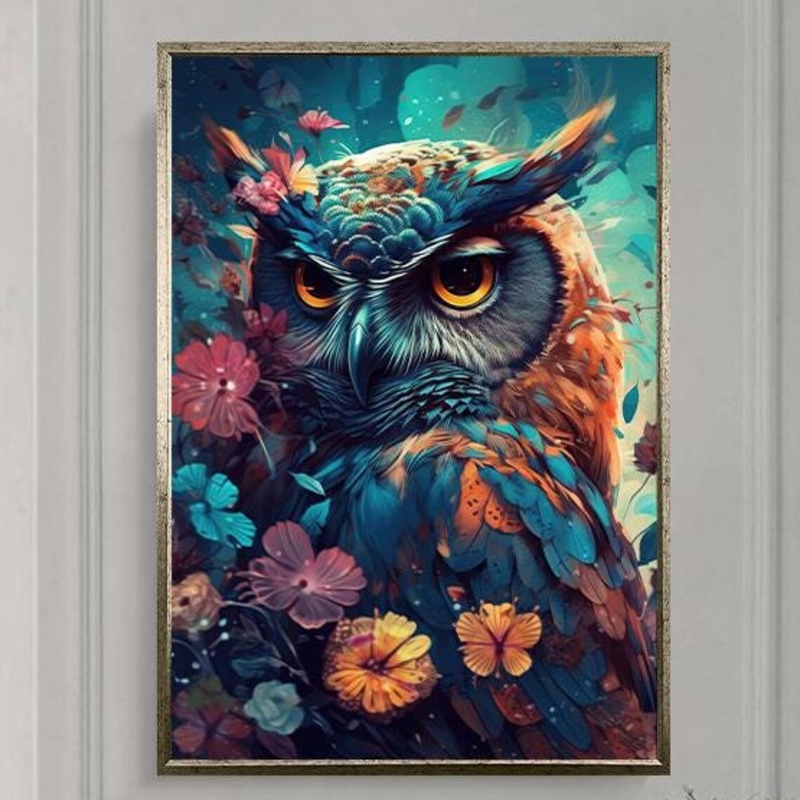 Colorful Owl Portrait Among Bright Blooming Flowers Garden Poster