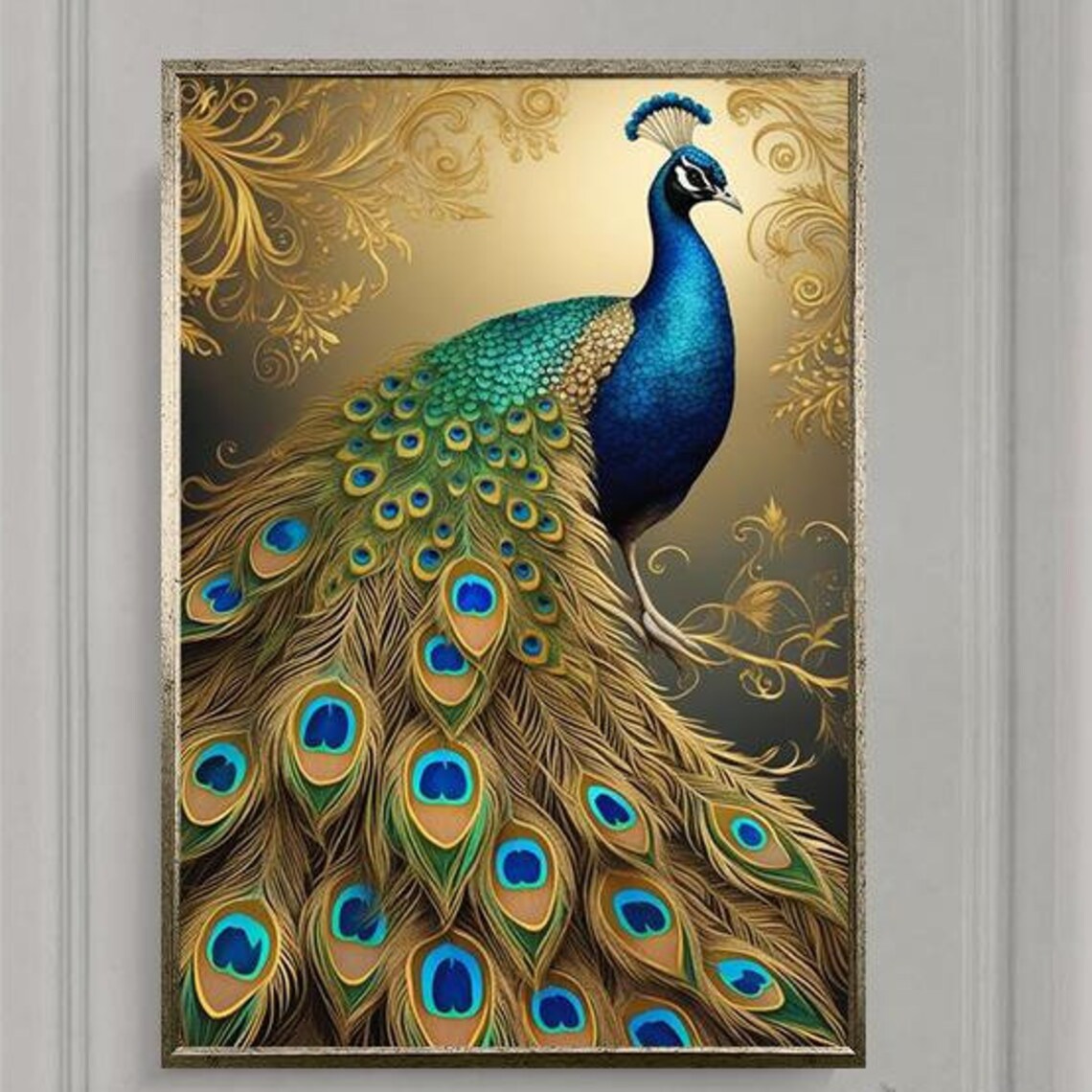 Golden Peacock On Ornate Gold Filigree Background Luxury Bird Poster