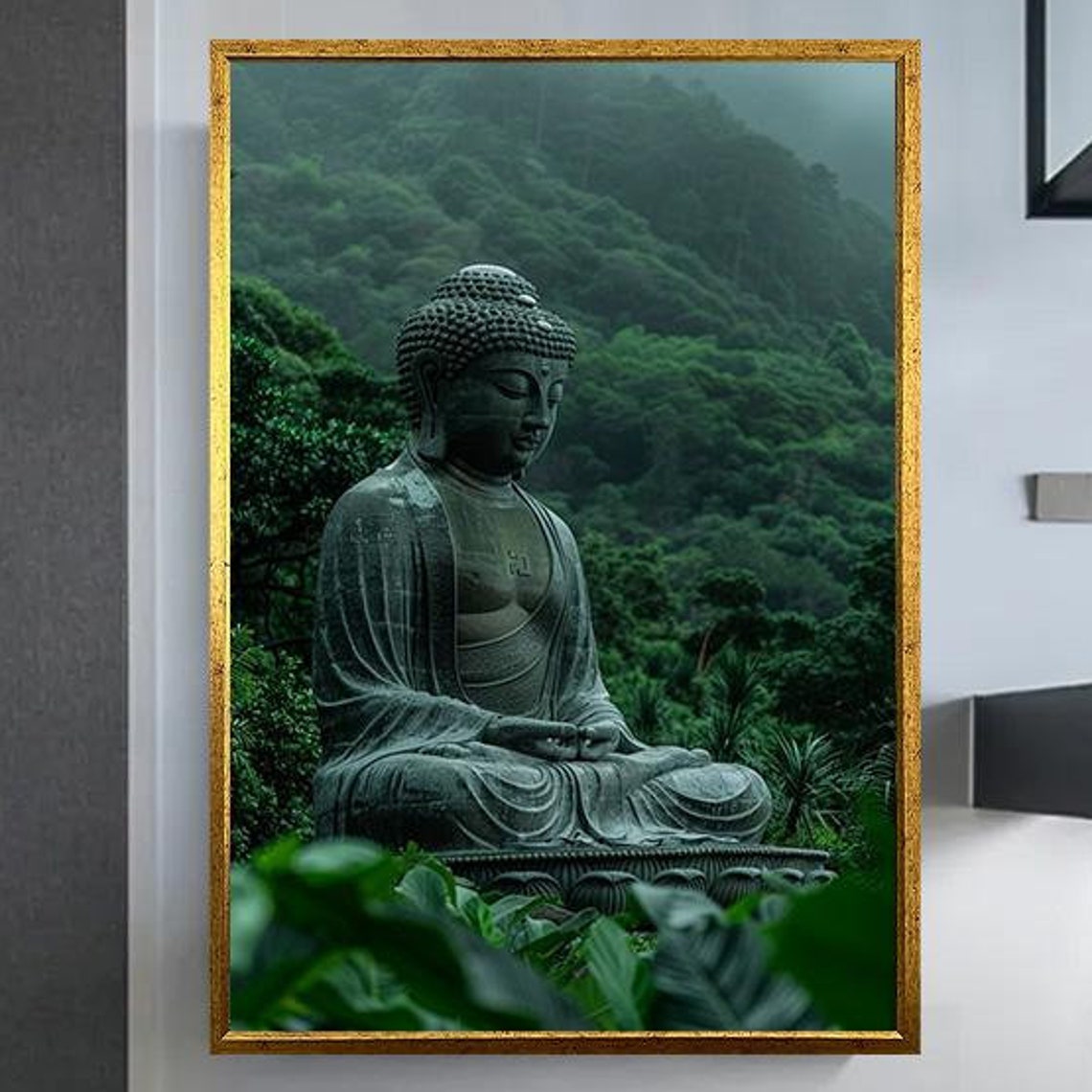 Ancient Stone Buddha Statue Meditating In Misty Green Forest Poster