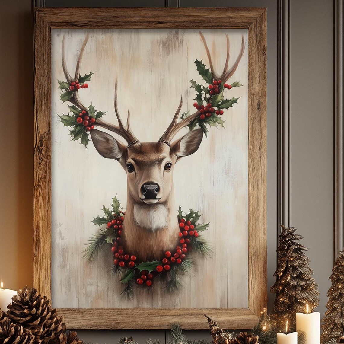 Reindeer, Vintage Christmas Nature Rustic Art Print