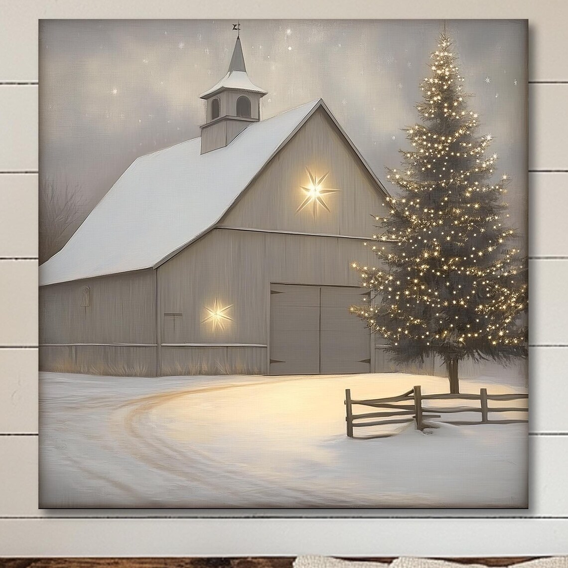 Christmas Night Farm, Rustic Farmhouse Art Print