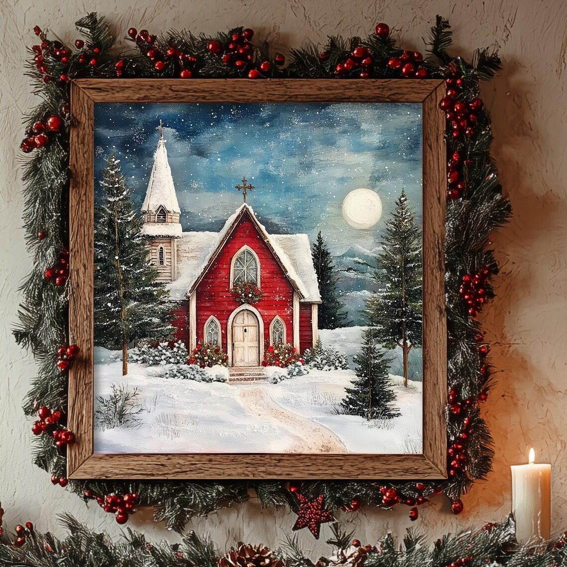 Vintage Church Christmas Scene Oil Painting Art Print