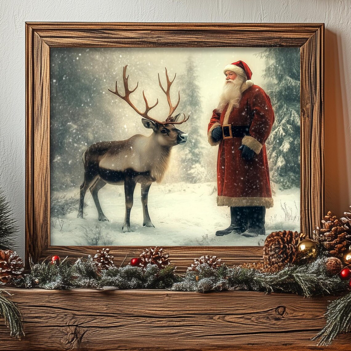 Vintage Santa Claus Reindeer Snowy Forest Christmas Nostalgic Poster