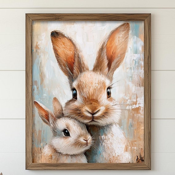 Bunny Rabbit Print Nursery Wall Art Vintage Spring Decor Farmhouse Easter Bunny Oil Painting Cute Girls Bedroom Mommy And Me 6 Spr004