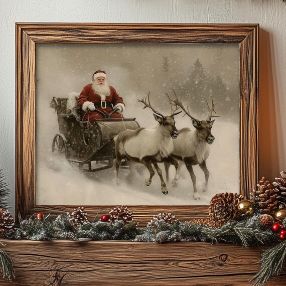 Vintage Santa Claus Sleigh With Reindeer Art Print