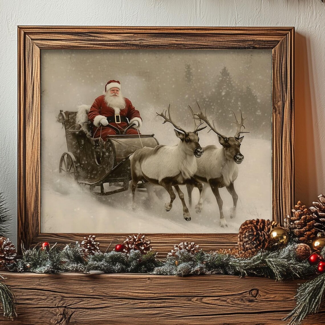 Vintage Santa Claus Sleigh With Reindeer Art Print