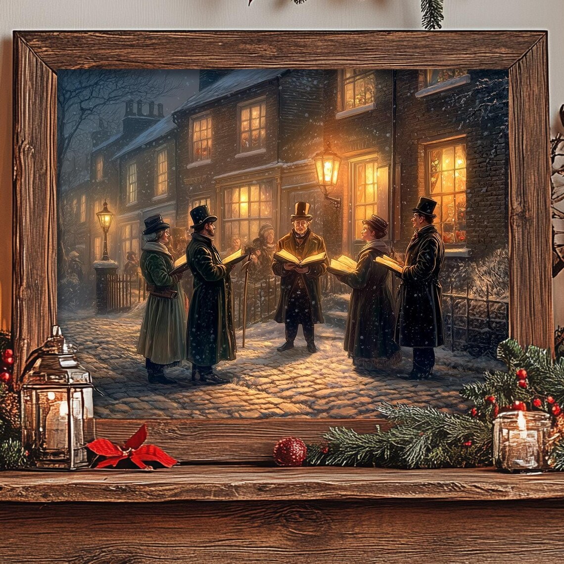 Victorian Christmas Carolers, Vintage Village Art Print