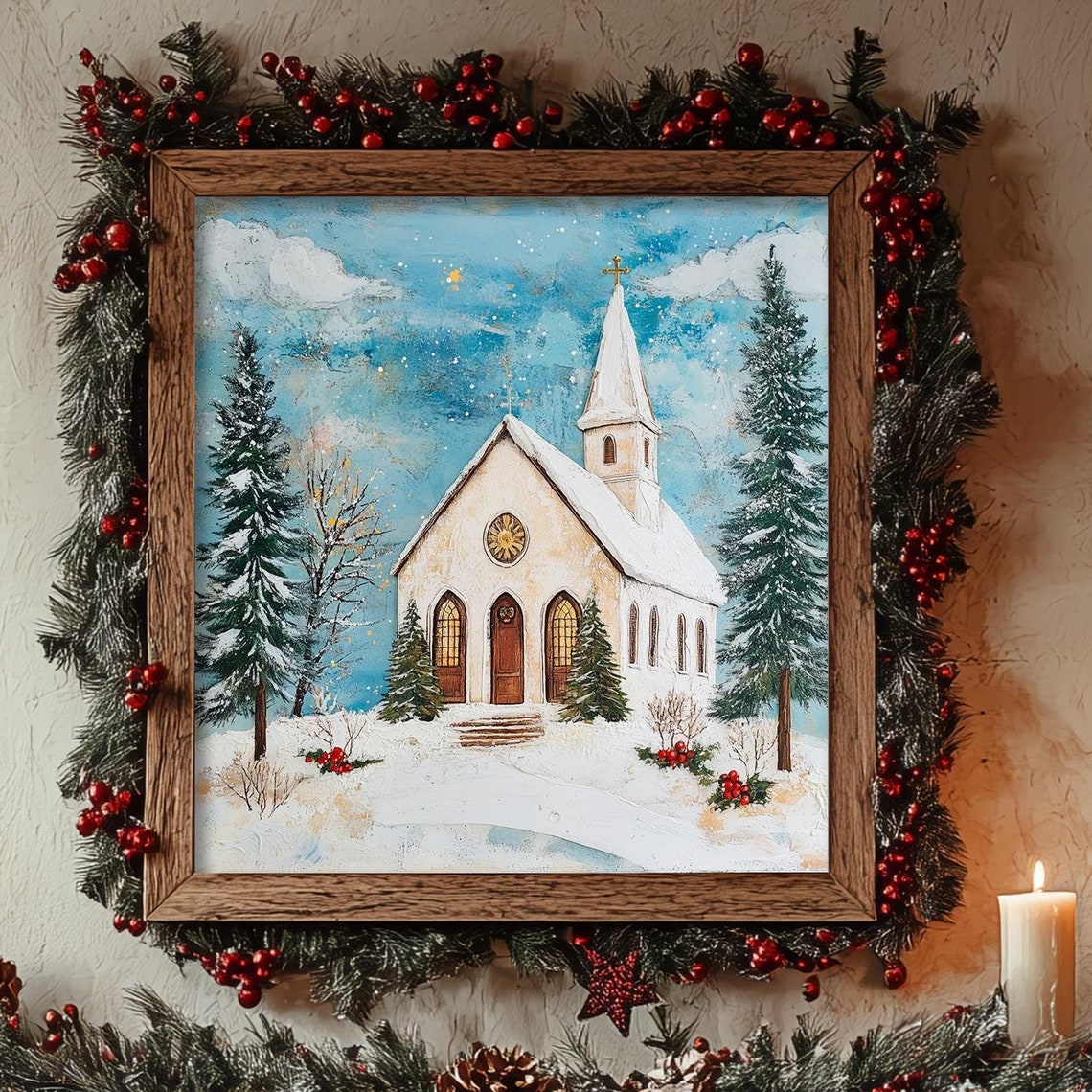 Snowy White Church Tall Steeple Bright Winter Day Folk Art Wall Poster
