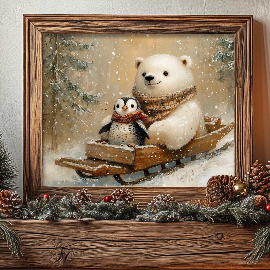 Polar Bear and Penguin Christmas Art Print, Vintage Farmhouse