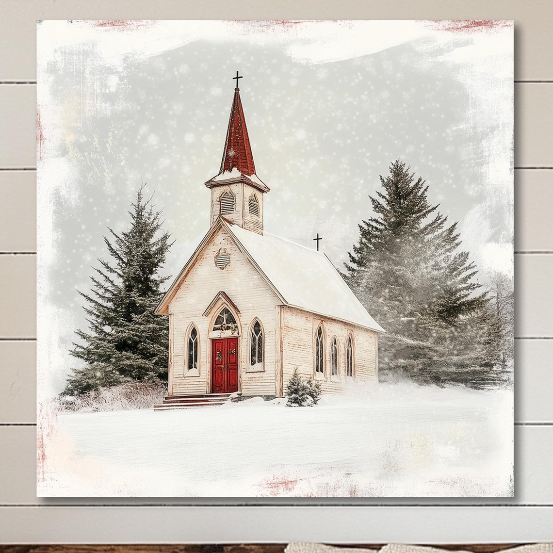Snowy Church Christmas Scene Oil Painting Wall Art Large Winter Metal Print Winter Decor Country Aesthetic Farmhouse Decor 6 Xms032