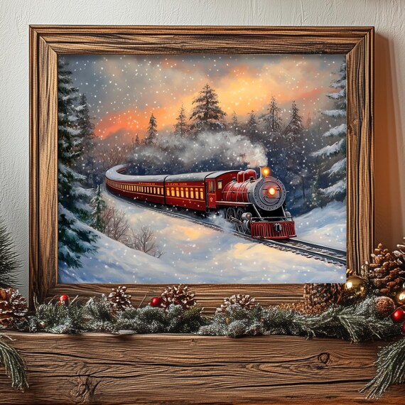 Christmas Train Wall Art Winter Vintage Decor Farmhouse Rustic Winter Red Train Oil Painting Metal Print Moody Cottagecore 6 Xms014
