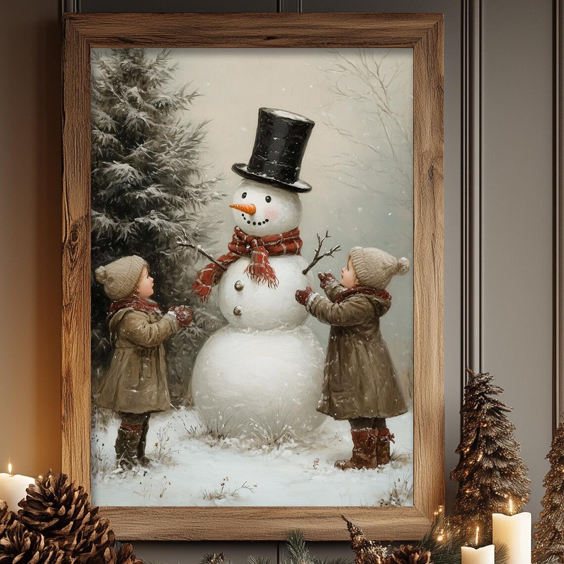 Vintage Snowman Christmas Art Print, Farmhouse Winter