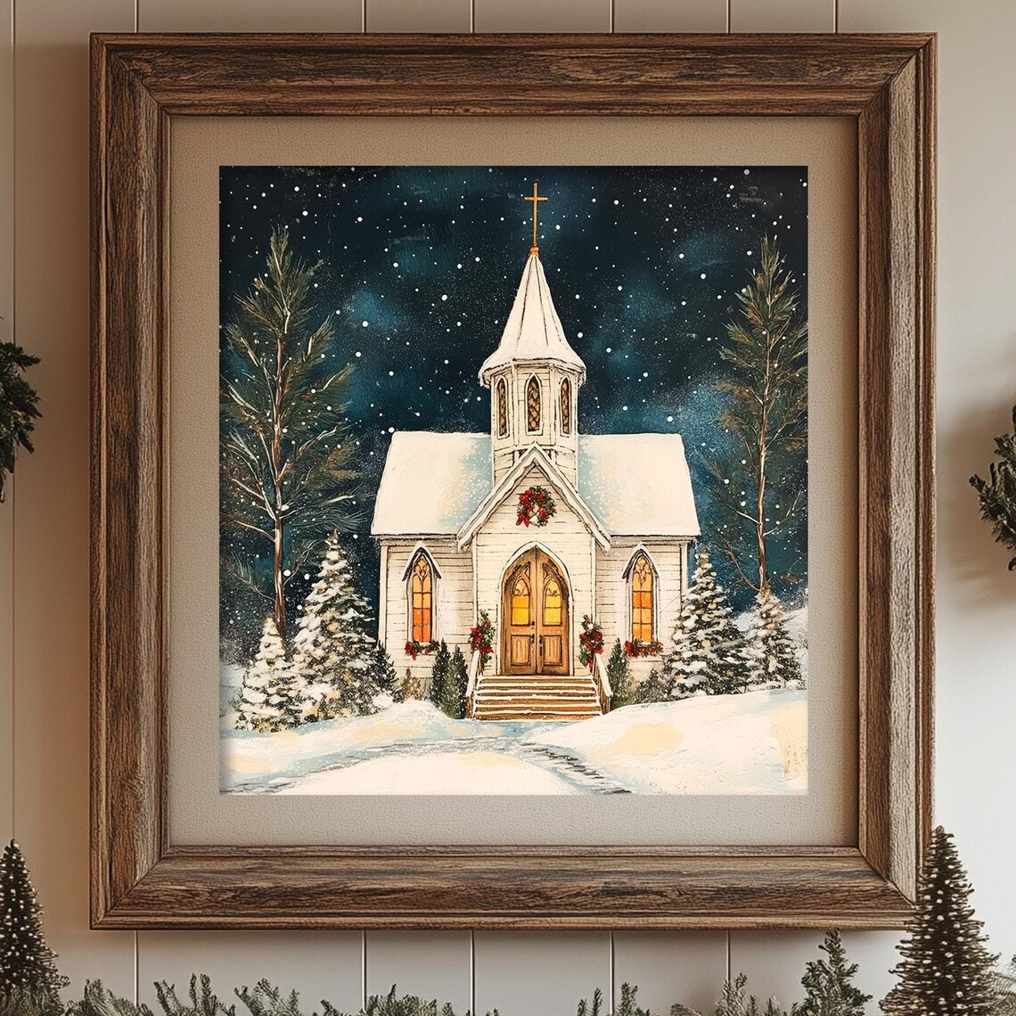 Vintage Church Christmas Scene, Oil-Painting Style Print