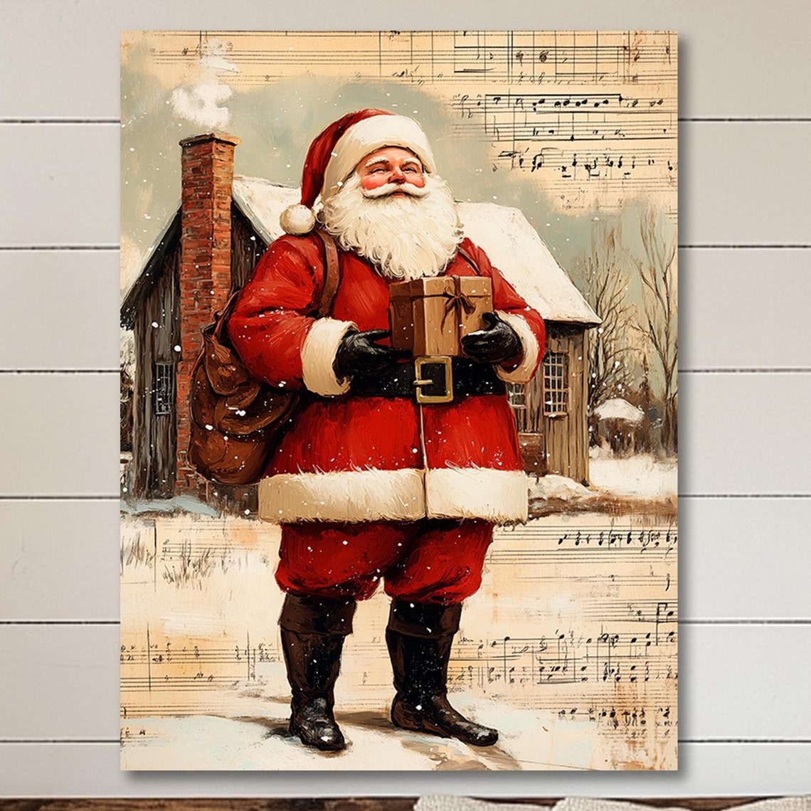 Vintage Santa Claus Print Christmas Wall Art Santa Oil Painting Victorian Dark Academia Winter Holiday Old Sheet Music Art 6 Xms060