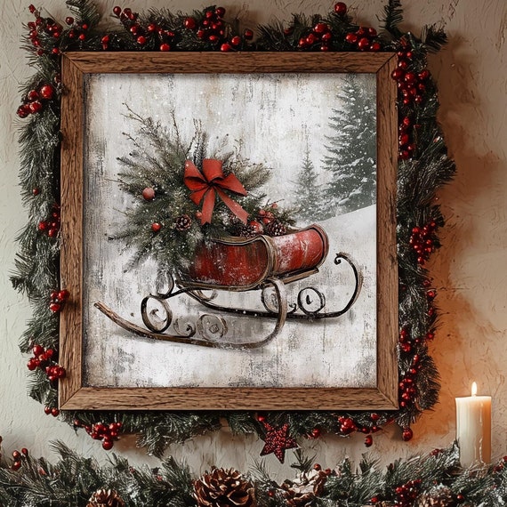 Vintage Christmas Sleigh Art Print, Modern Farmhouse