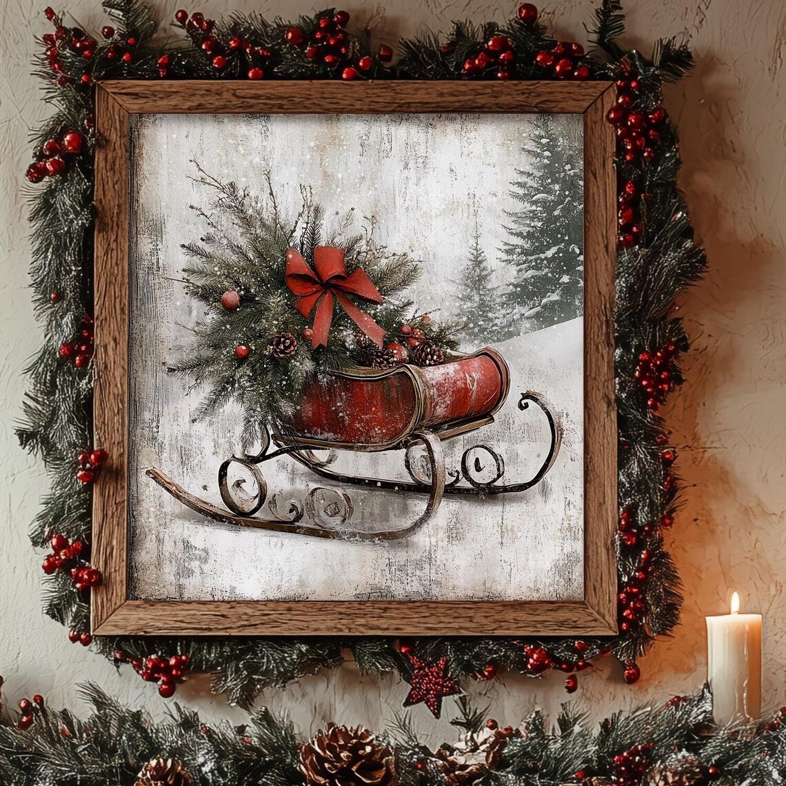 Vintage Christmas Sleigh Art Print, Modern Farmhouse