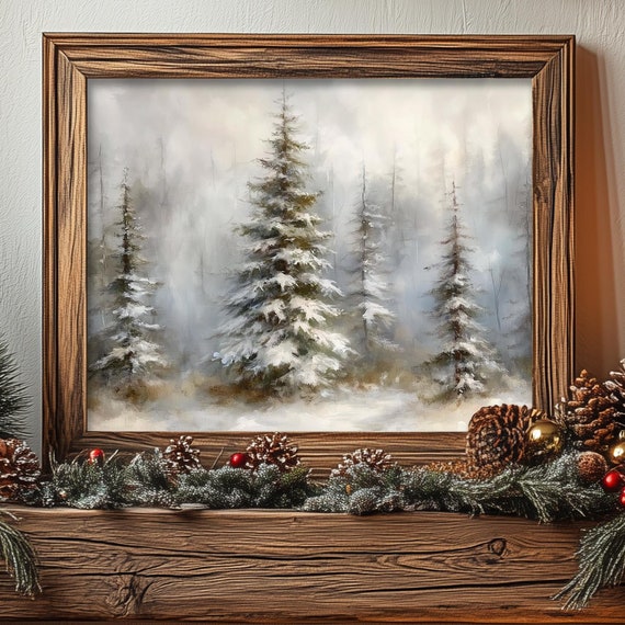 Pine Tree Winter Forest Vintage Christmas Art Print
