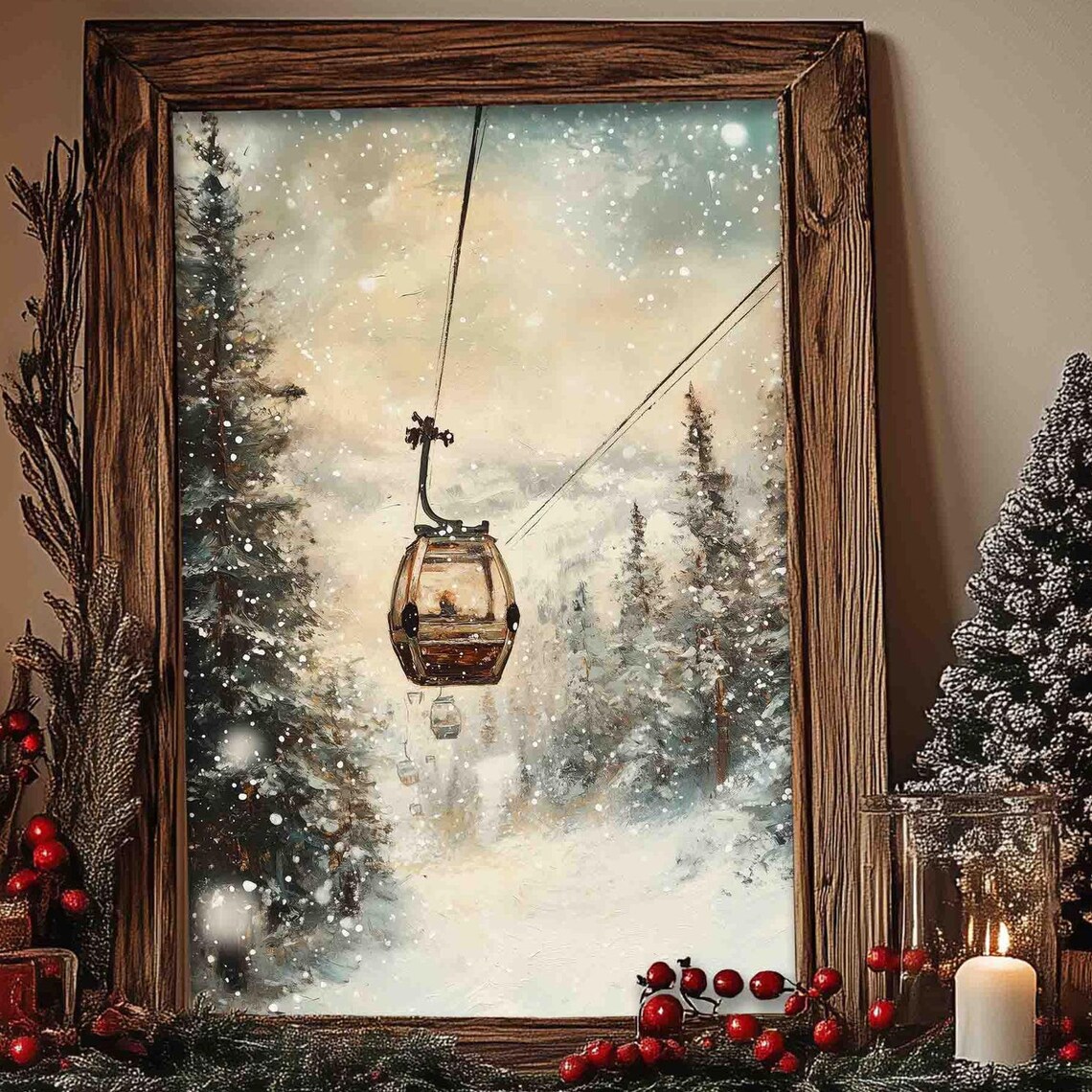 Vintage Gondola Ski Lift Christmas Art Print
