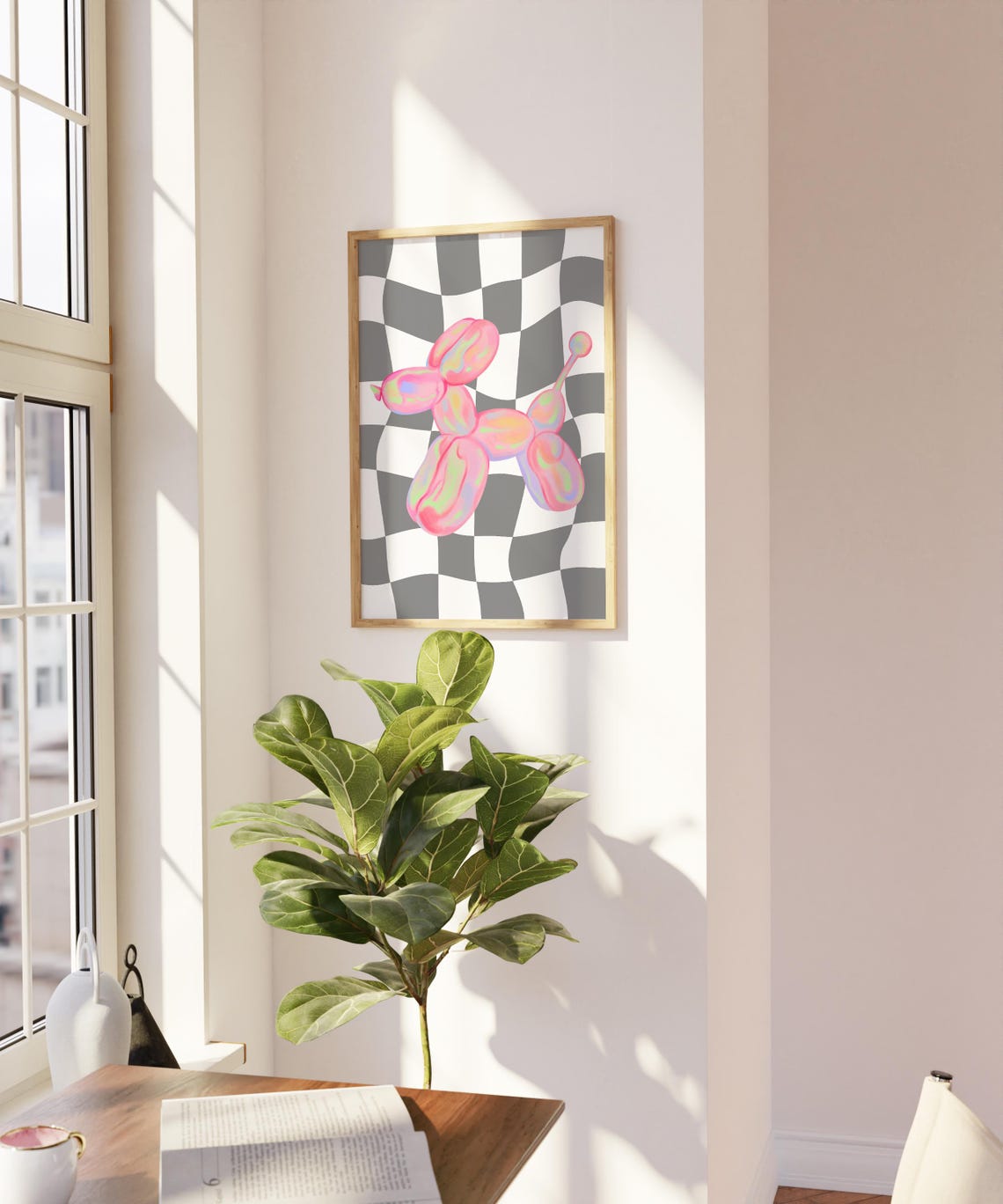 Pink Marbled Balloon Dog Gray Checkerboard Trendy Pop Wall Art - Image 3