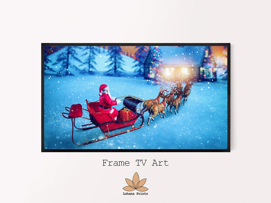Santa Sleigh Reindeer Snowy Village Christmas Frame TV Art Poster