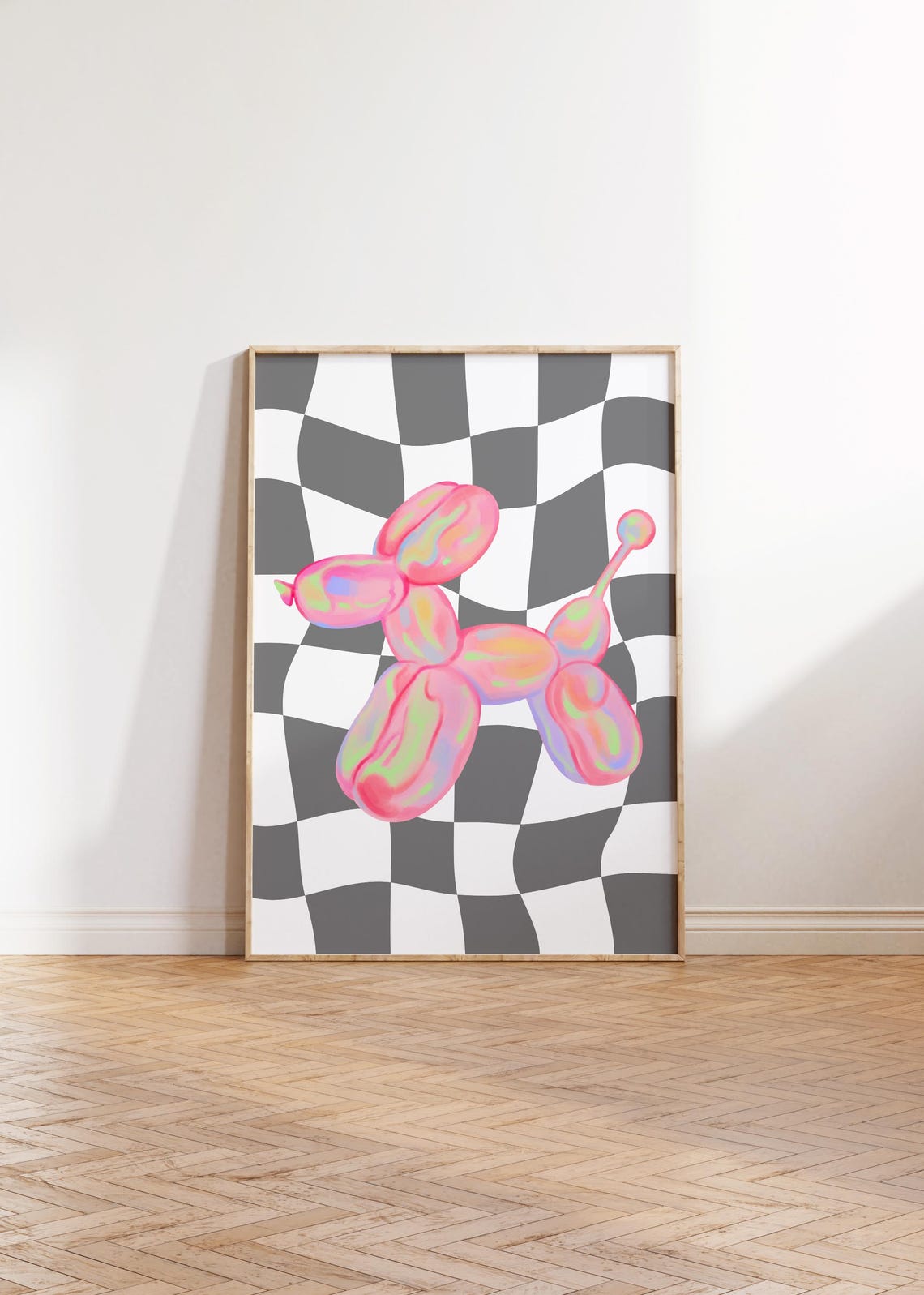 Pink Marbled Balloon Dog Gray Checkerboard Trendy Pop Wall Art