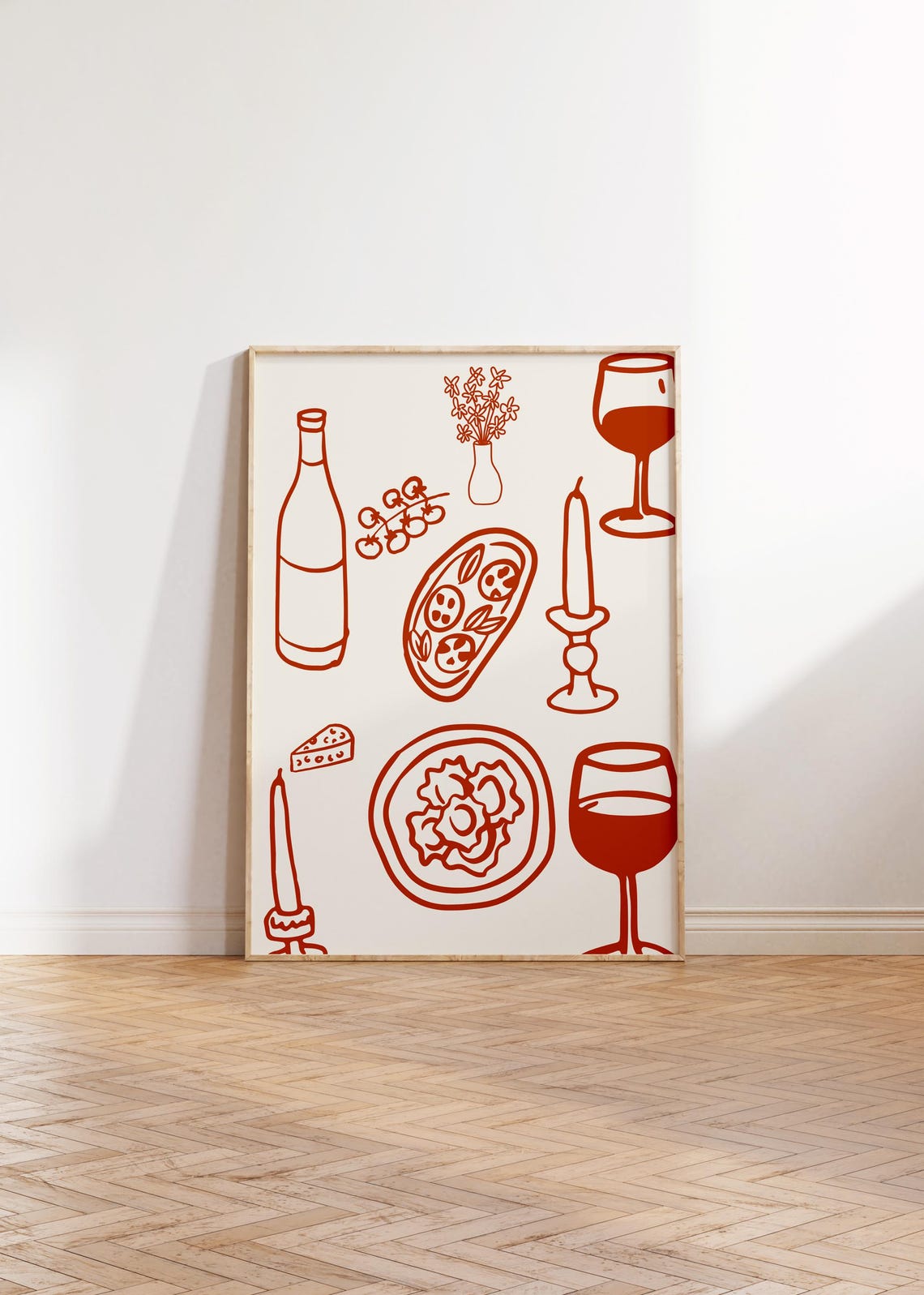 Terracotta Dinner Table Line Art Wine Pasta Retro Kitchen Poster