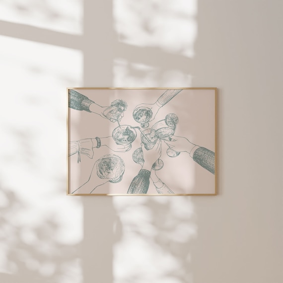 Sage Green Cheers Cocktail Hands Toast Line Art Retro Bar Cart Print