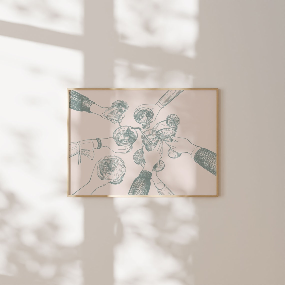 Sage Green Cheers Cocktail Hands Toast Line Art Retro Bar Cart Print