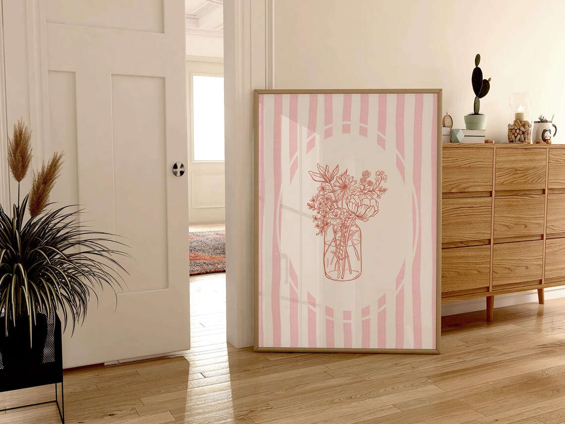 Coquette Trendy Pink Red Striped Floral Line Flower Jar Poster