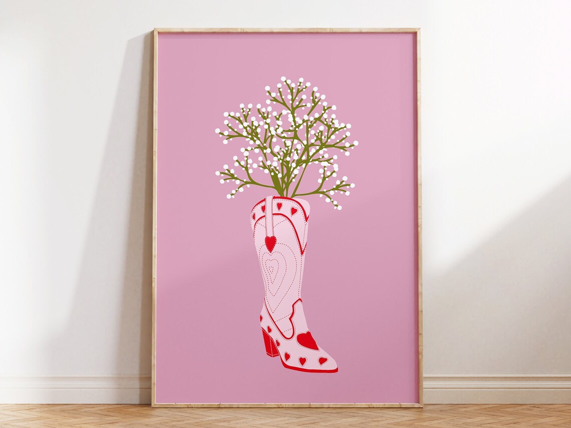 Retro Cowgirl Boots With Flowers Art Print - Image 4