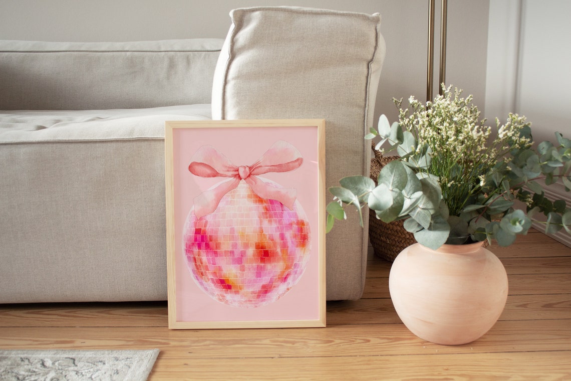 Pink Watercolor Disco Ball with Bow Trendy Coquette Party Wall Art