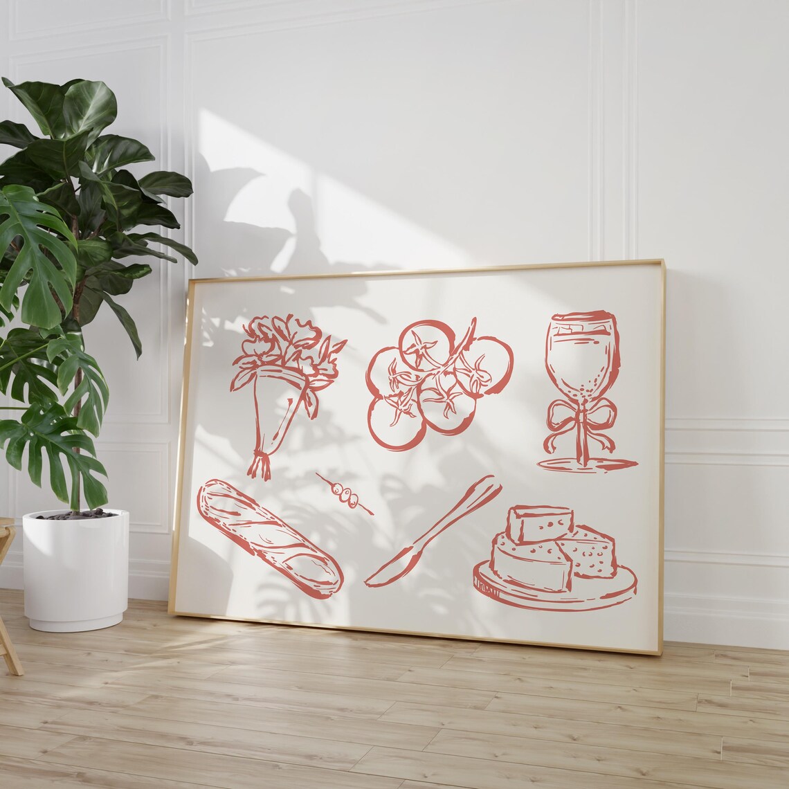 French Dinner Party Red Line Art Baguette Wine Cheese Wall Art - Image 2