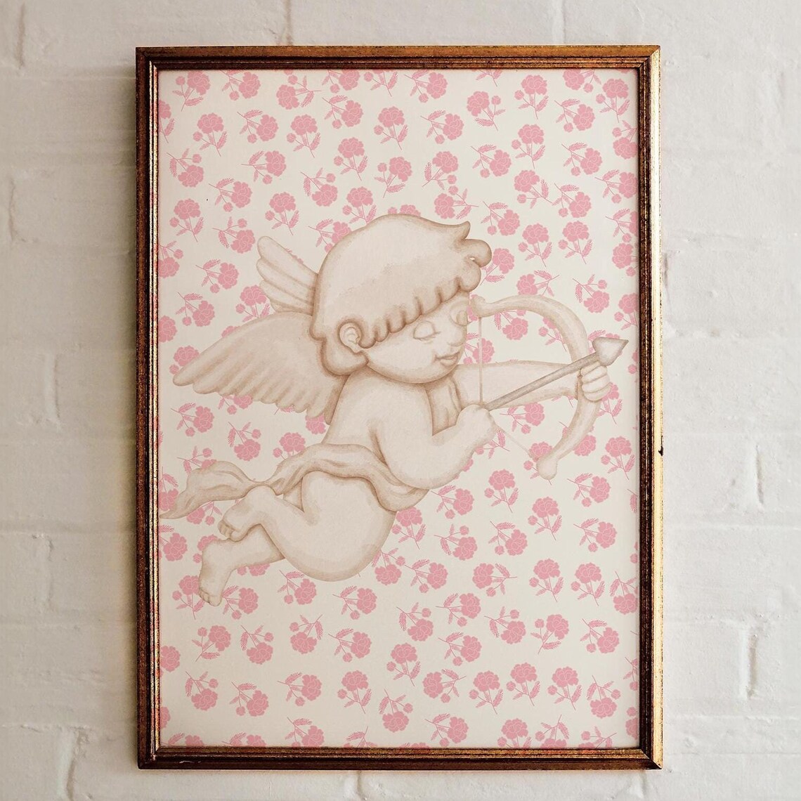 Pink Cherub Angel Wall Art Vintage Cupid Right Floral Nursery Print