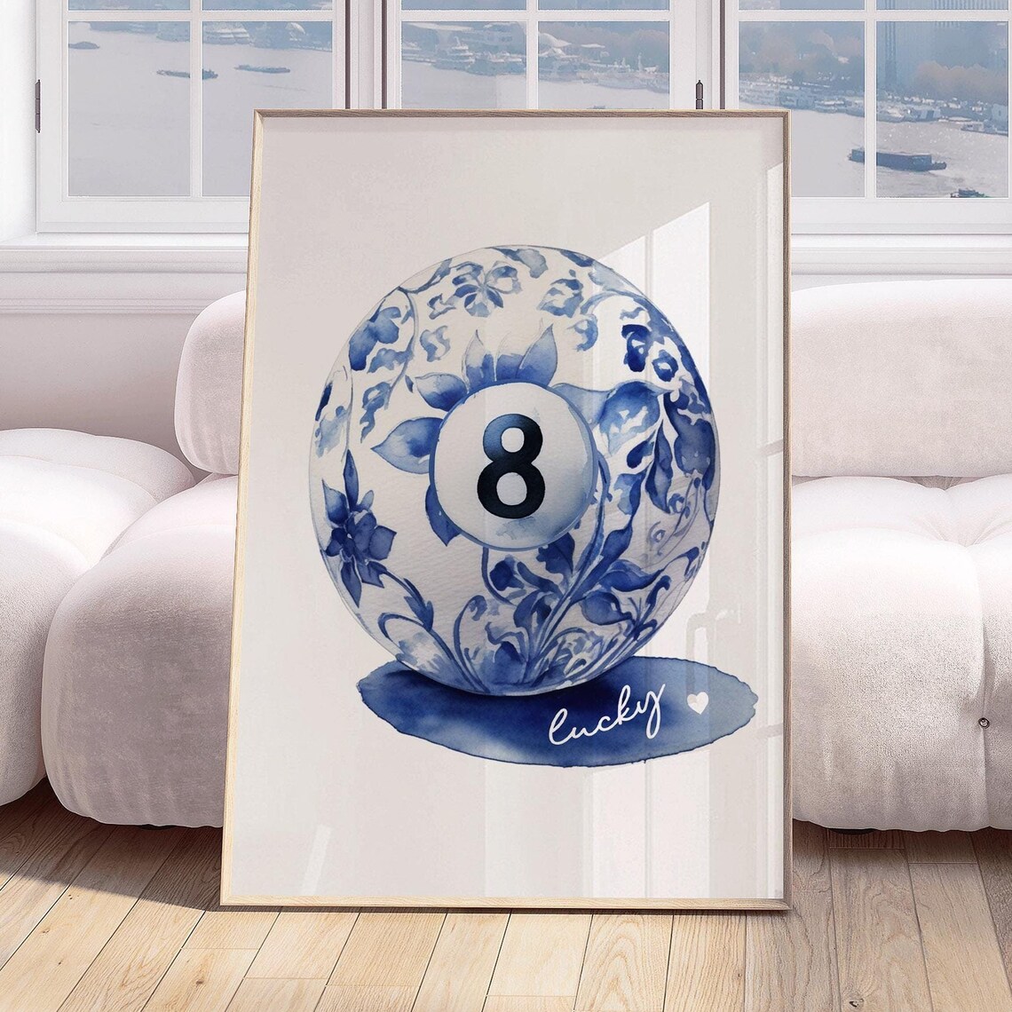 Blue White Chinoiserie Lucky 8 Ball Floral Watercolor Art Print