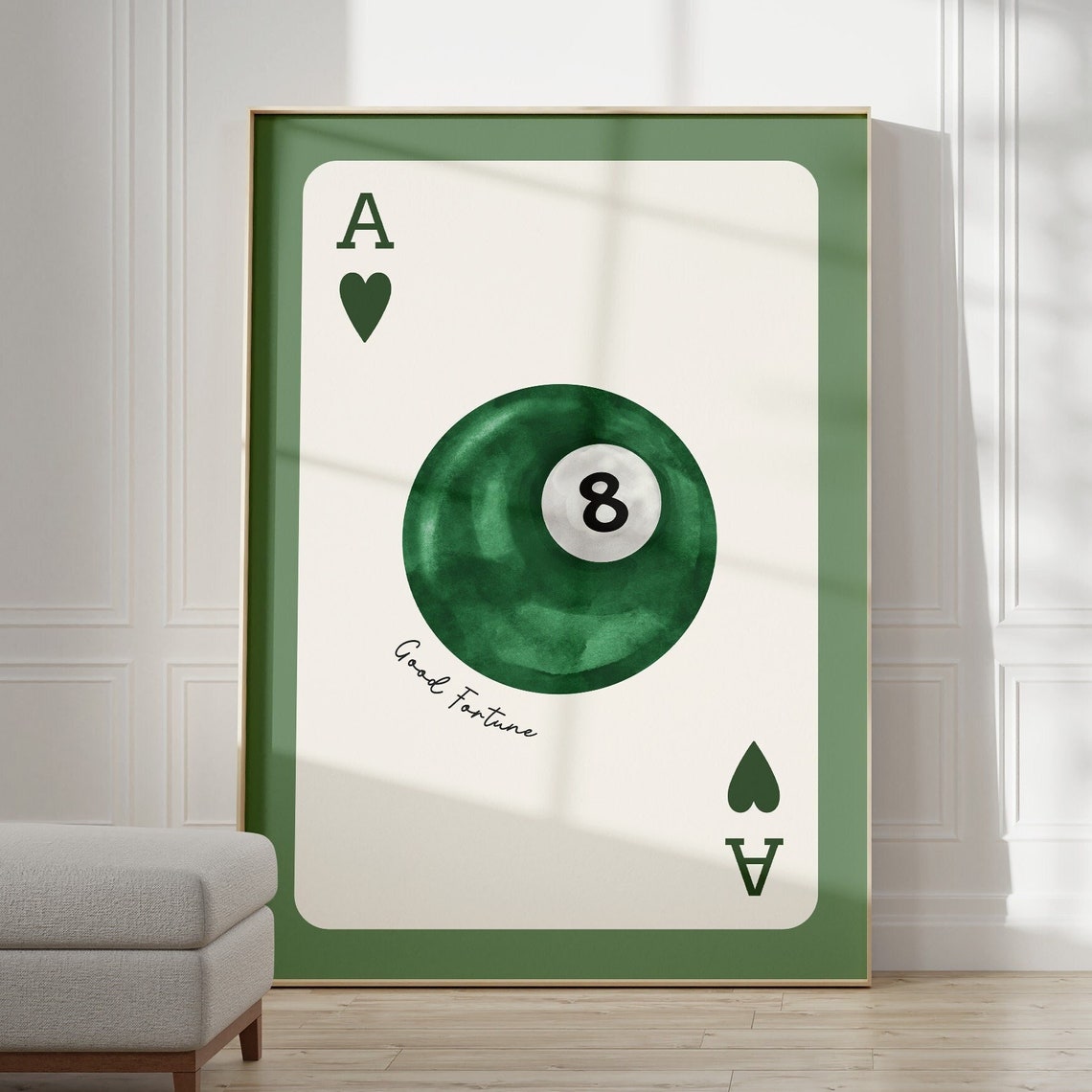 Lucky Green 8 Ball Pool Ace of Hearts Playing Card Art Print