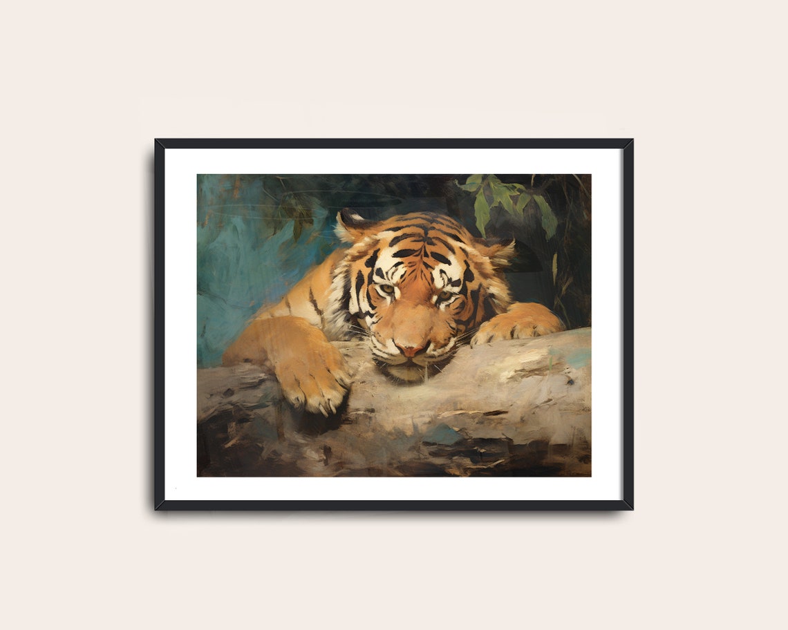 Resting Bengal Tiger Close Up Jungle Vintage Big Cat Painting Poster - Image 2