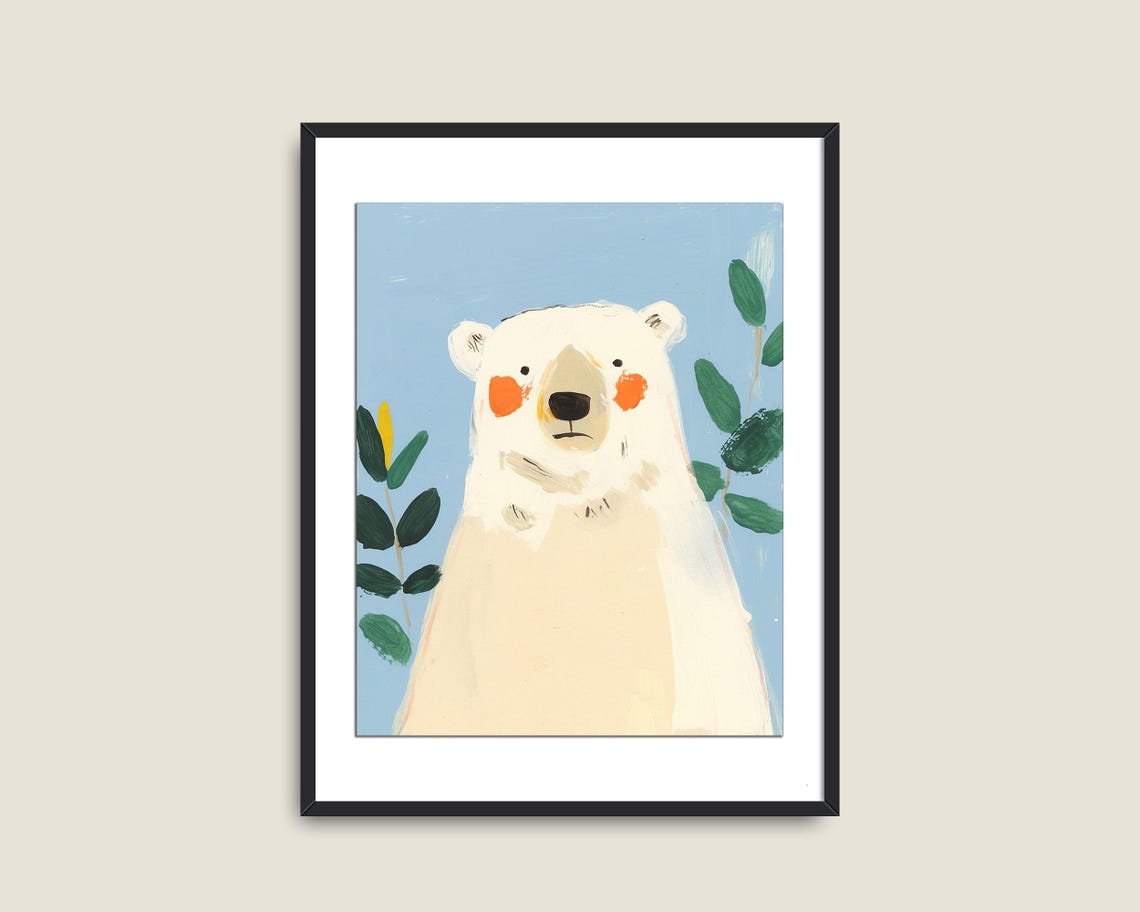 Cute Polar Bear Kids Painting Light Blue Nursery Animal Poster - Image 2