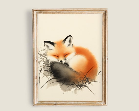 Fox Painting Vintage Art Art Baby Fox Japanese Ink Painting Nursery Cute Animals Print Forest Wall Art