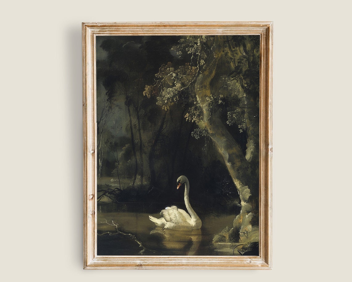 White Swan Dark Woodland Pond Night Moody Romantic Wildlife Print