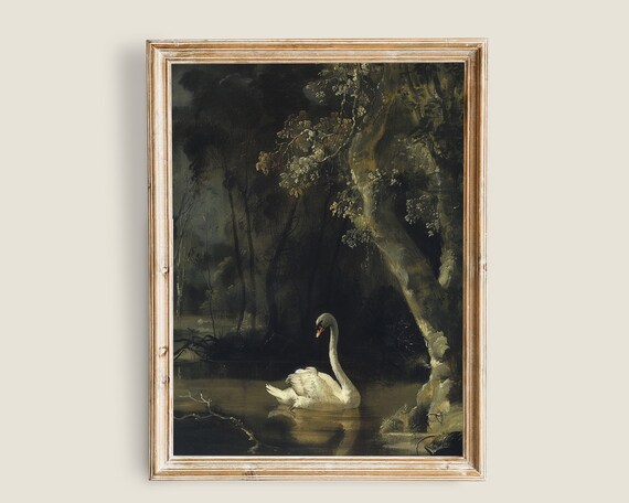 Vintage Swan Print Swan In A Lake Vintage Moody Landscape Painting Dark Cottagecore Victorian Goth Print