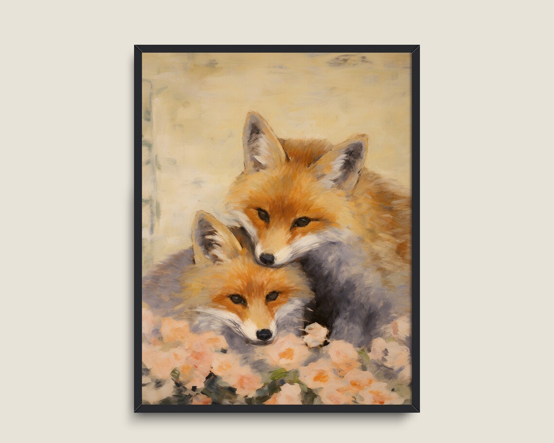 Two Red Foxes Cuddling Soft Vintage Animal Painting Among Pink Blossoms Poster - Image 3