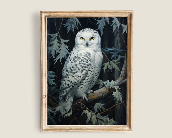 Vintage Owl Painting Dark And Moody Wall Art Dark Nature Decor Art Winter Animal Painting Snowy White Owl Bird Prints