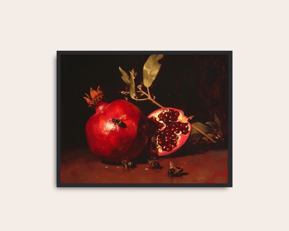 Pomegranate Still Life With Bees Dark Elegant Vintage Kitchen Poster - Image 3
