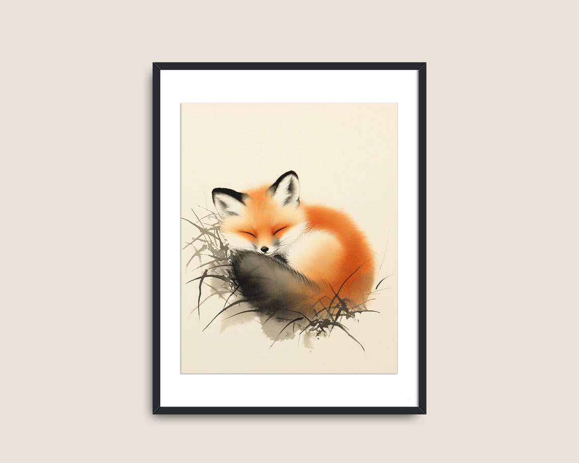 Sleeping Fox Curled Up Japanese Ink Style Cute Nursery Animal Print - Image 2
